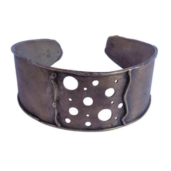 Signed SJ Blackened Gold 925 Cuff Bracelet Modernist Cutout Holes Polkadot Edgy - Picture 4 of 7